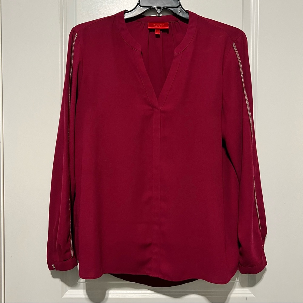 Jennifer Lopez Low Cut Top W/ Glitter Arm Detail, Maroon